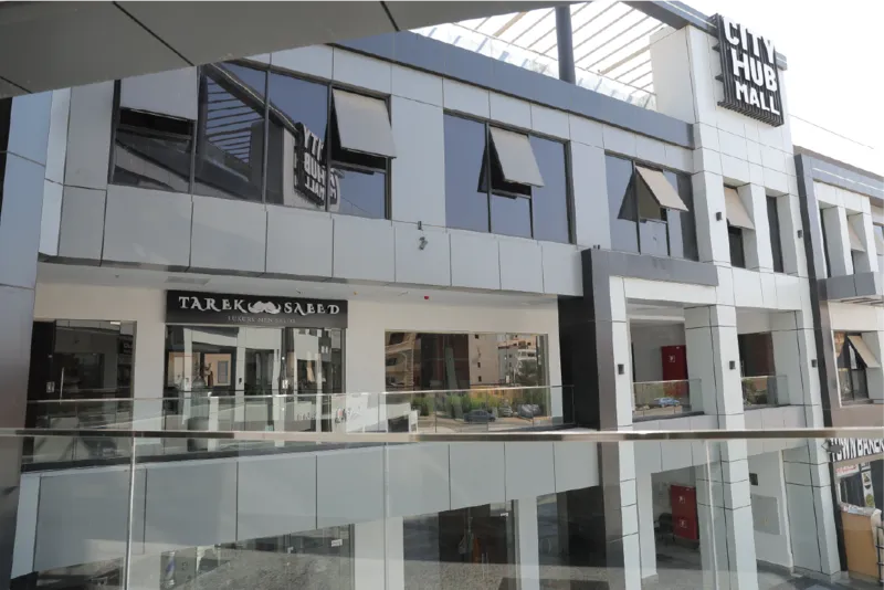 Illuminated mall exterior at night